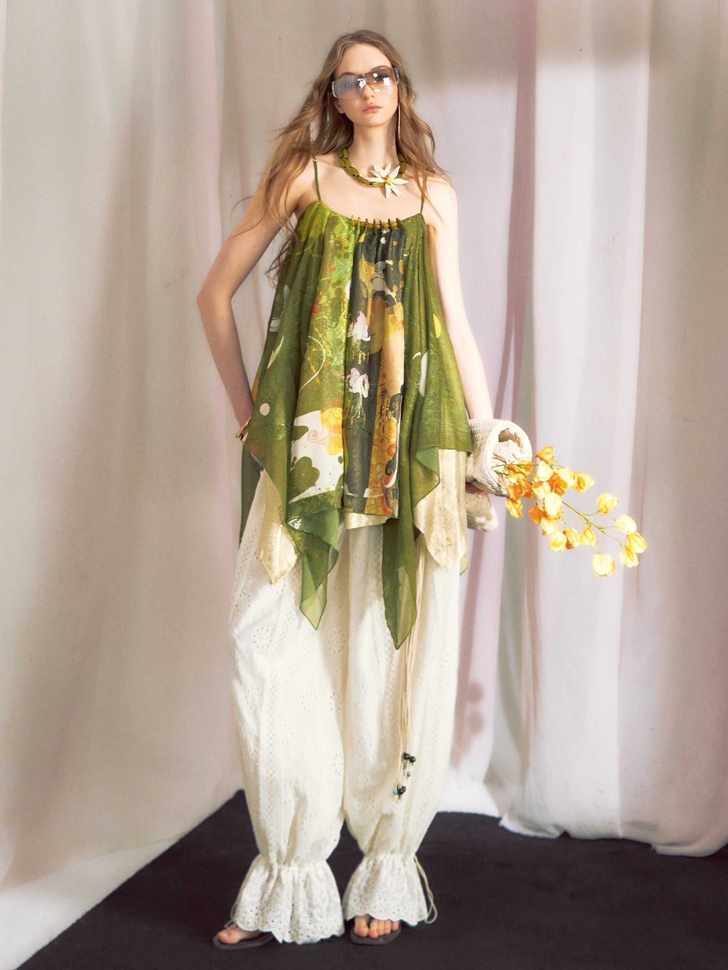 OfAkiva Hand Painted Print Irregular Beaded Square Neck Women&