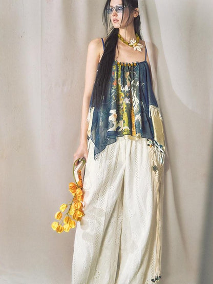 OfAkiva Hand Painted Print Irregular Beaded Square Neck Women&