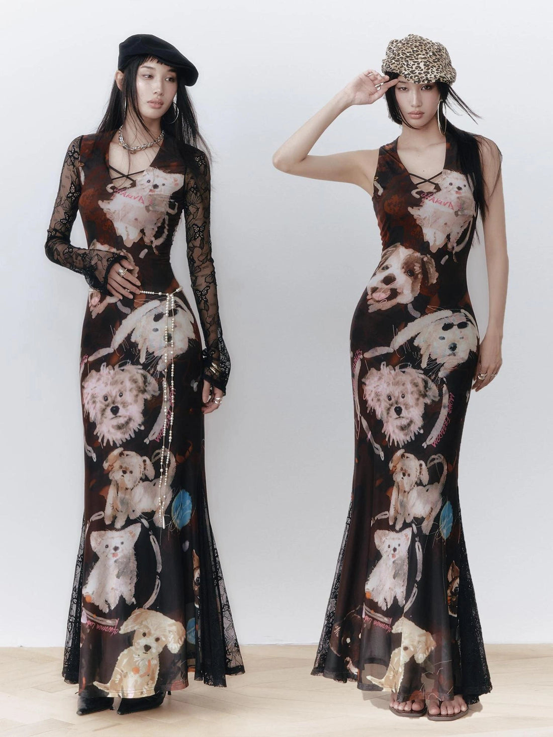 OfAkiva Hand Painted Puppy Love Portrait V-neck T-shirt Long Sleeve Dress