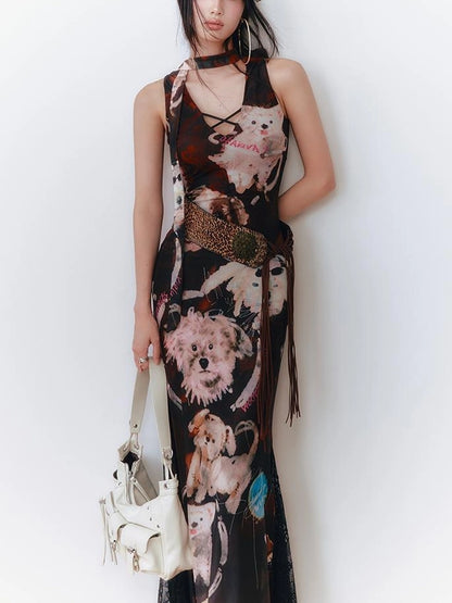 OfAkiva Hand Painted Puppy Love Portrait V-neck T-shirt Long Sleeve Dress