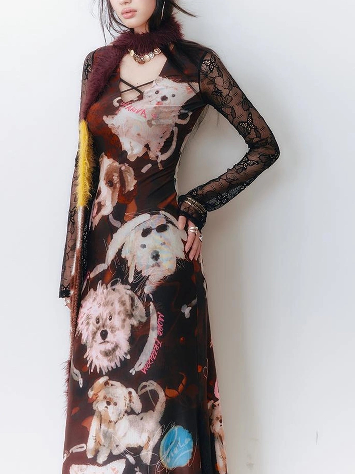 OfAkiva Hand Painted Puppy Love Portrait V-neck T-shirt Long Sleeve Dress