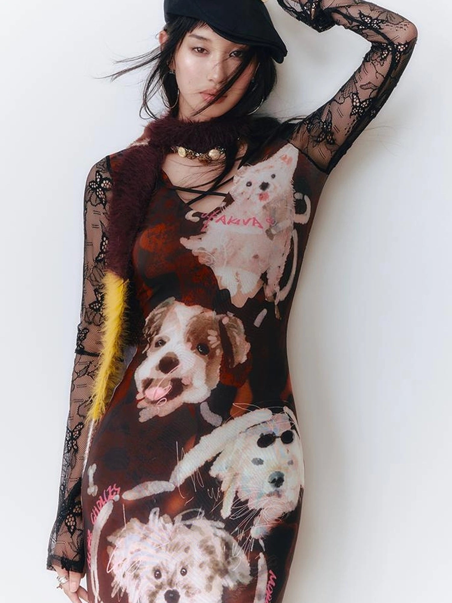 OfAkiva Hand Painted Puppy Love Portrait V-neck T-shirt Long Sleeve Dress