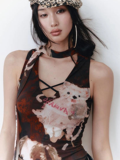 OfAkiva Hand Painted Puppy Love Portrait V-neck T-shirt Long Sleeve Dress