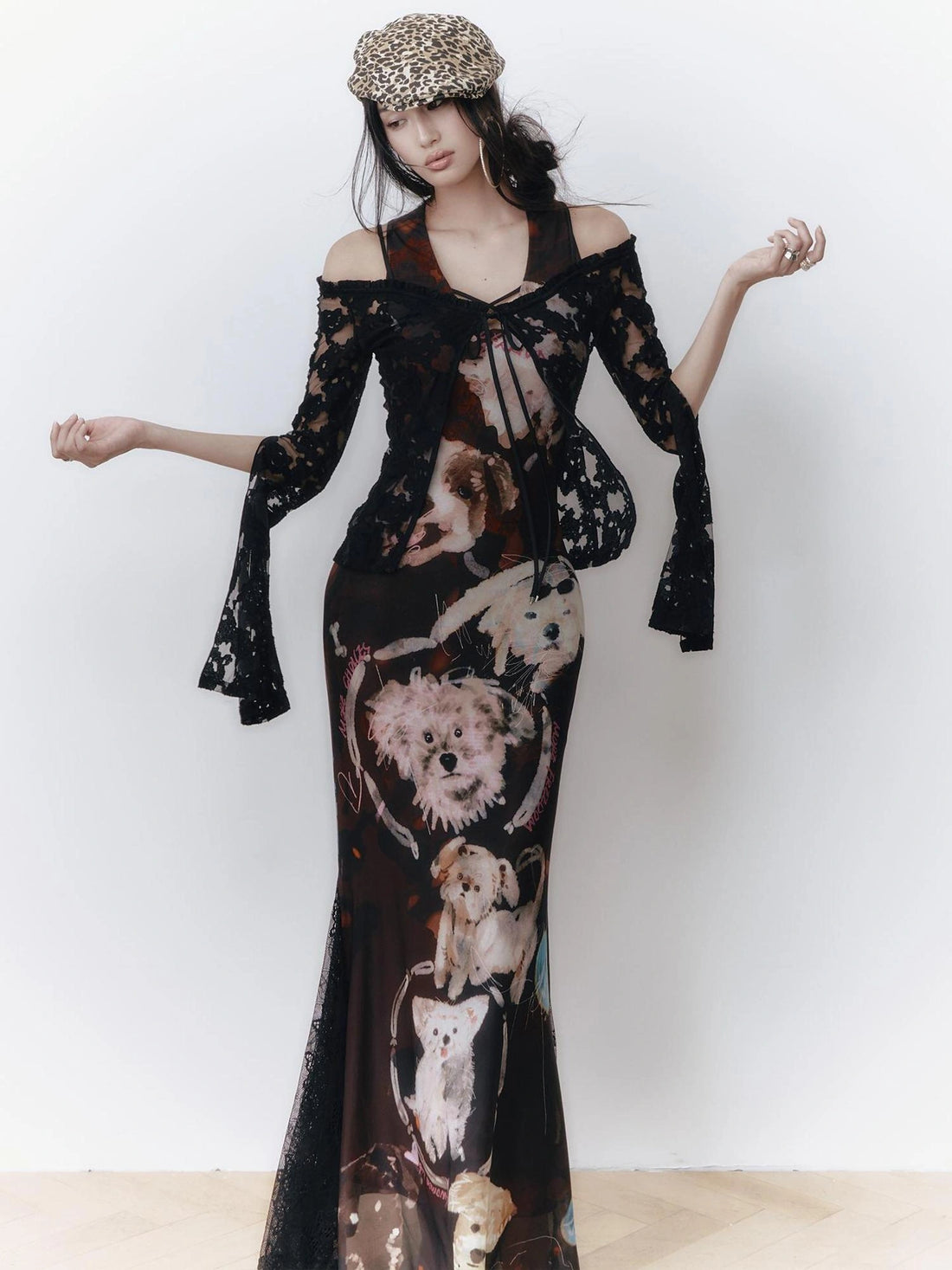 OfAkiva Hand Painted Puppy Love Portrait V-neck T-shirt Long Sleeve Dress