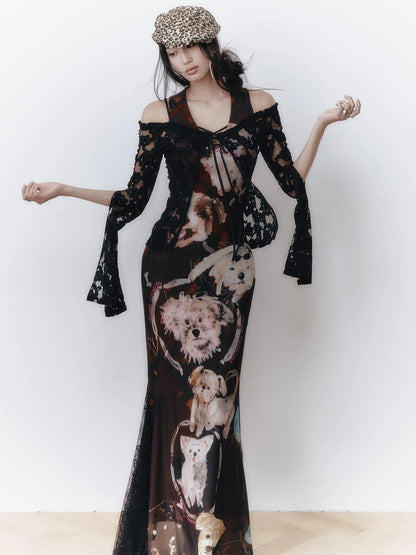 OfAkiva Hand Painted Puppy Love Portrait V-neck T-shirt Long Sleeve Dress