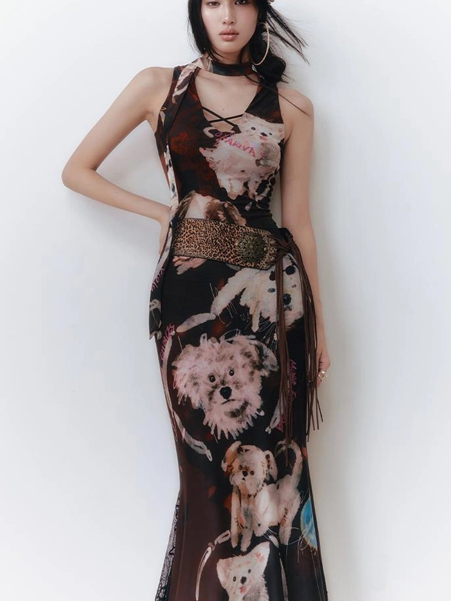 OfAkiva Hand Painted Puppy Love Portrait V-neck T-shirt Long Sleeve Dress