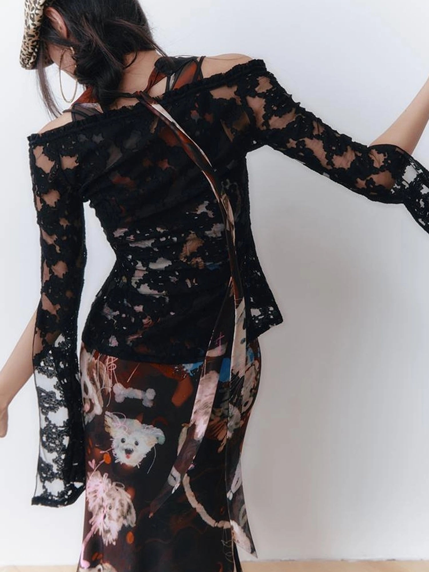 OfAkiva Hand Painted Puppy Love Portrait V-neck T-shirt Long Sleeve Dress