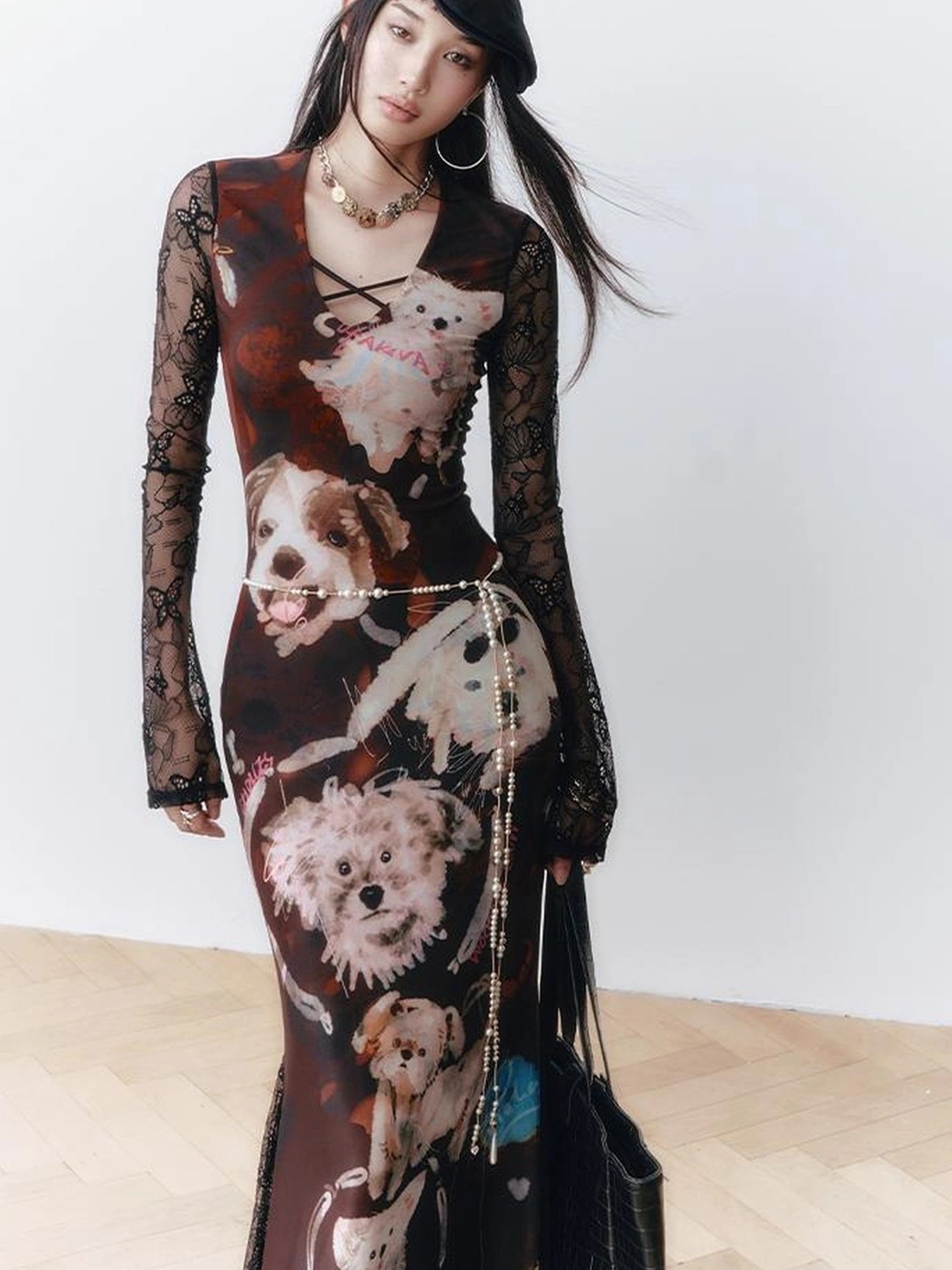 OfAkiva Hand Painted Puppy Love Portrait V-neck T-shirt Long Sleeve Dress