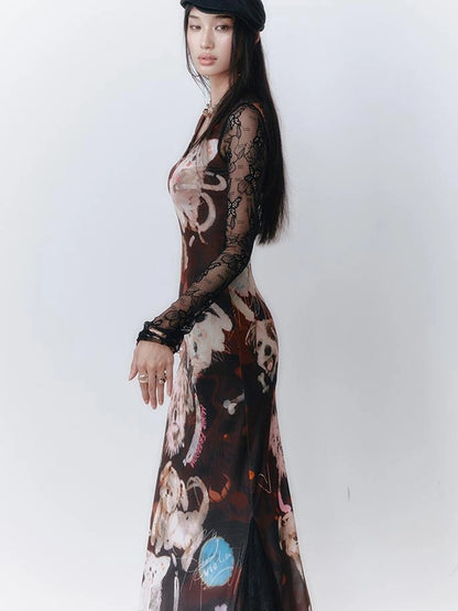 OfAkiva Hand Painted Puppy Love Portrait V-neck T-shirt Long Sleeve Dress