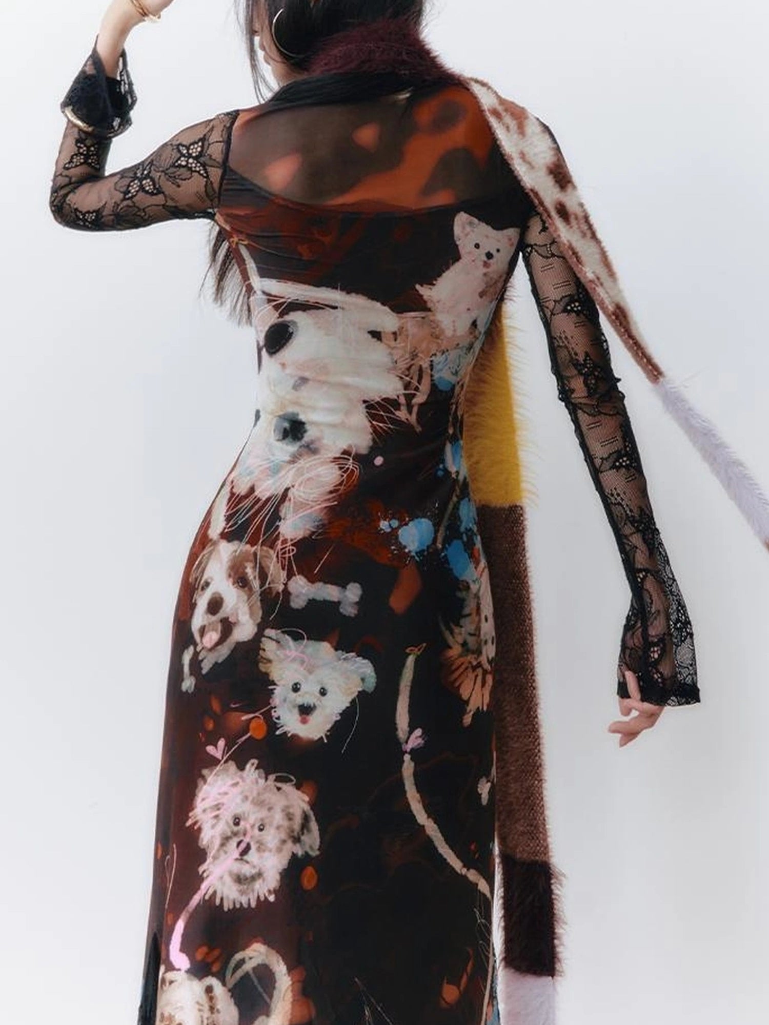 OfAkiva Hand Painted Puppy Love Portrait V-neck T-shirt Long Sleeve Dress