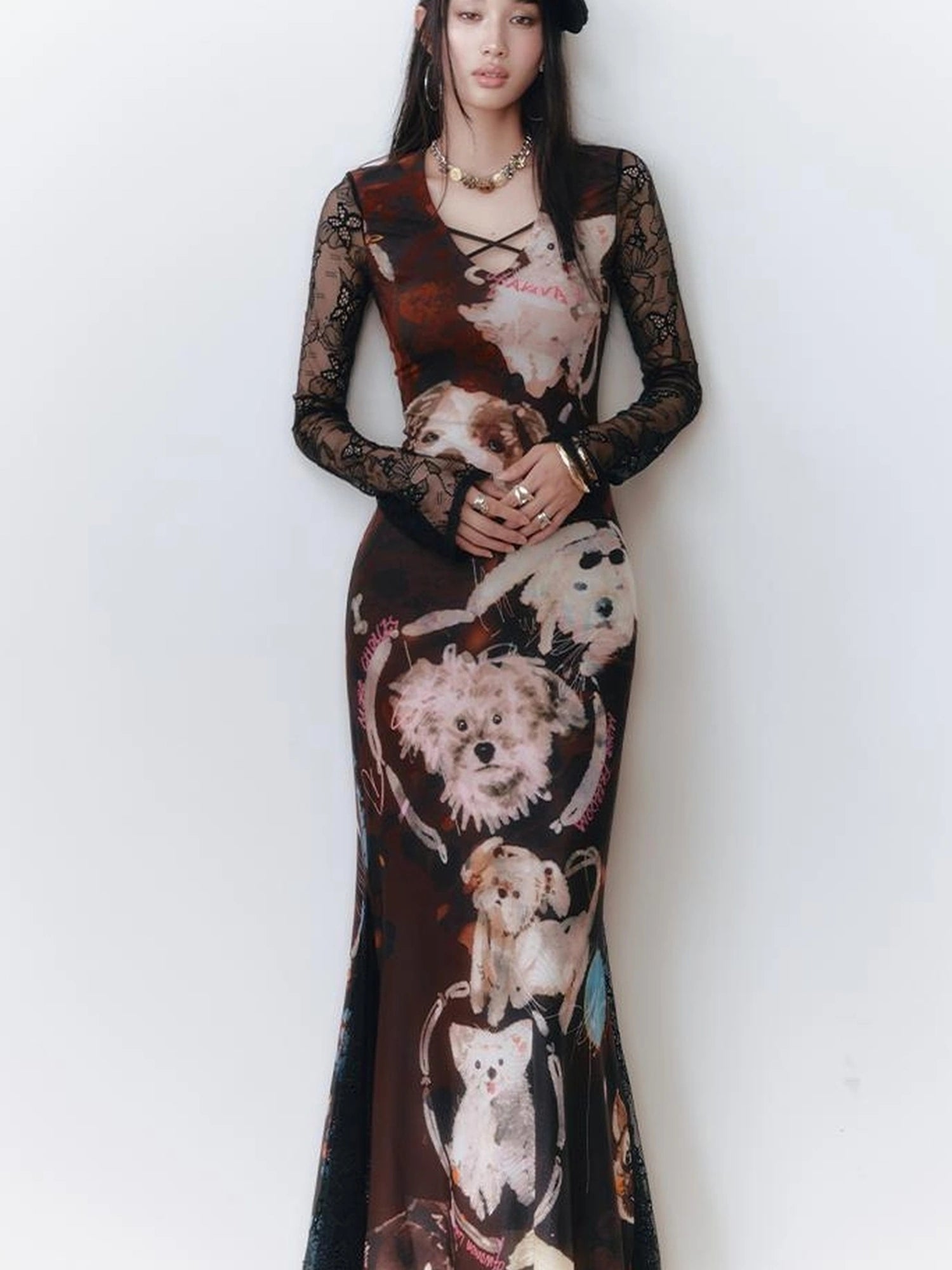 OfAkiva Hand Painted Puppy Love Portrait V-neck T-shirt Long Sleeve Dress