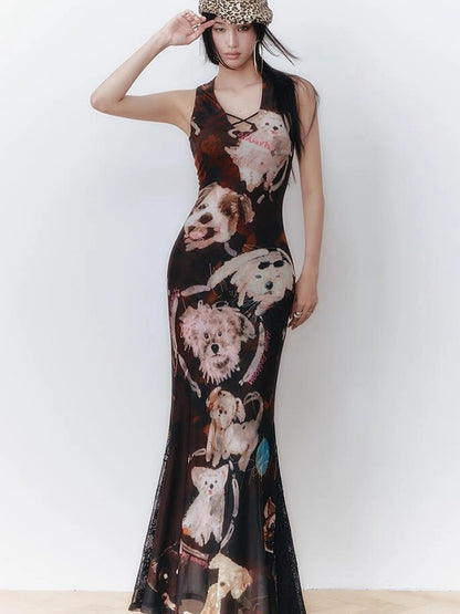 OfAkiva Hand Painted Puppy Love Portrait V-neck T-shirt Long Sleeve Dress