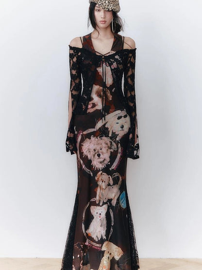 OfAkiva Hand Painted Puppy Love Portrait V-neck T-shirt Long Sleeve Dress