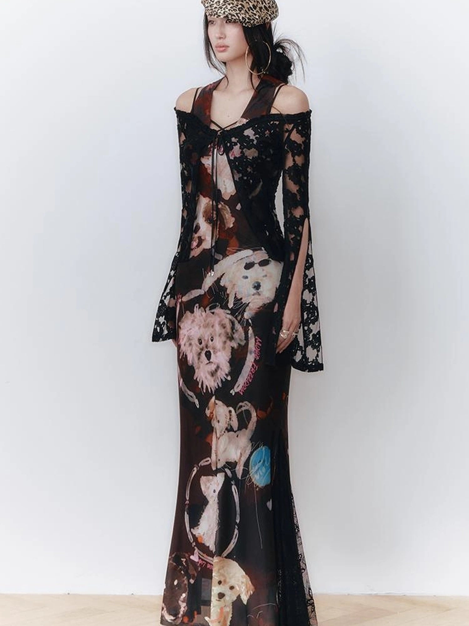 OfAkiva Hand Painted Puppy Love Portrait V-neck T-shirt Long Sleeve Dress