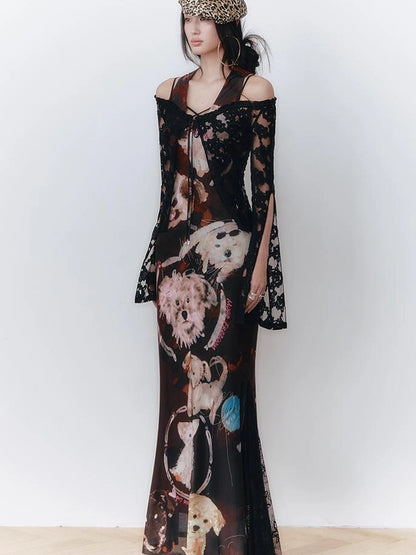 OfAkiva Hand Painted Puppy Love Portrait V-neck T-shirt Long Sleeve Dress