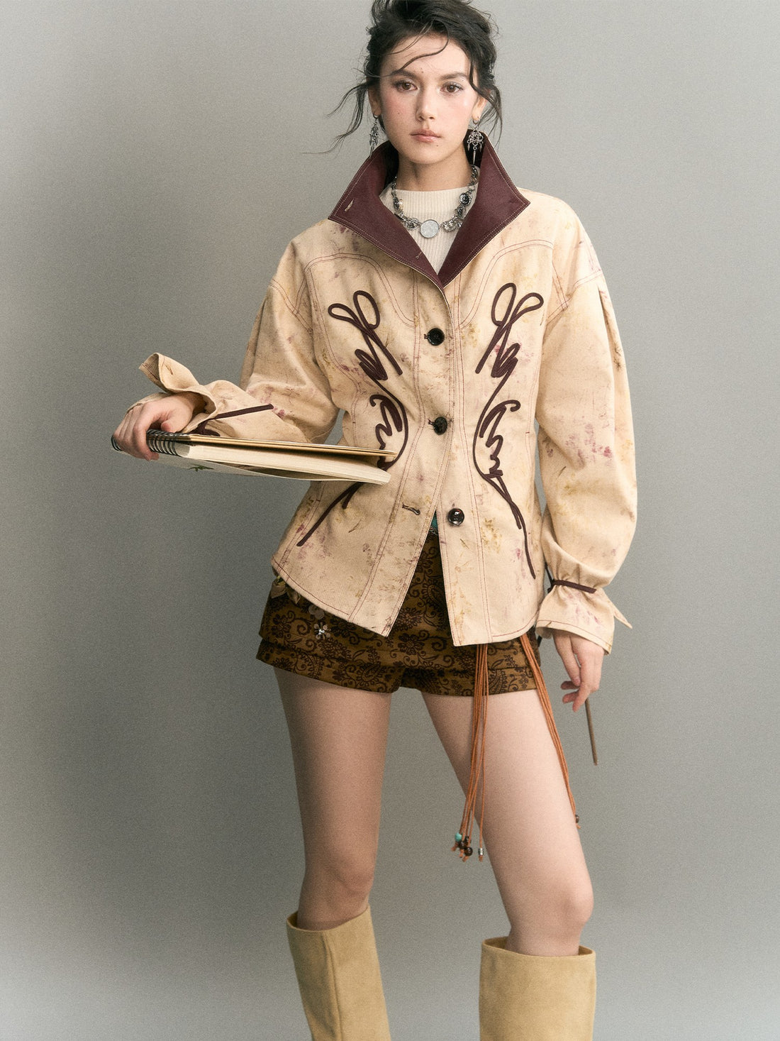OfAkiva Handmade Embroidered Lace Up Stand Collar New Chinese Style Women&