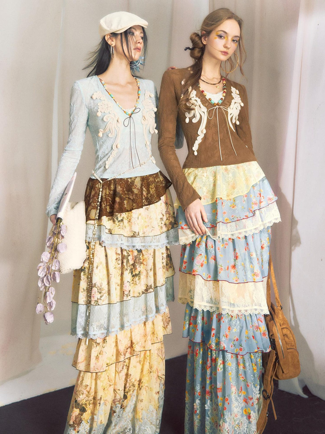 OfAkiva High Stretch Colorblock Two Piece Slim Fit High Waist Maxi Skirt Blouse Suits