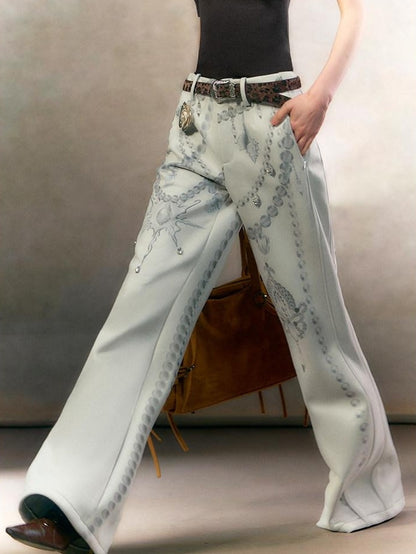 OfAkiva High Waist Printed Chinese Style Straight Leg Women Zipper Fly Pants