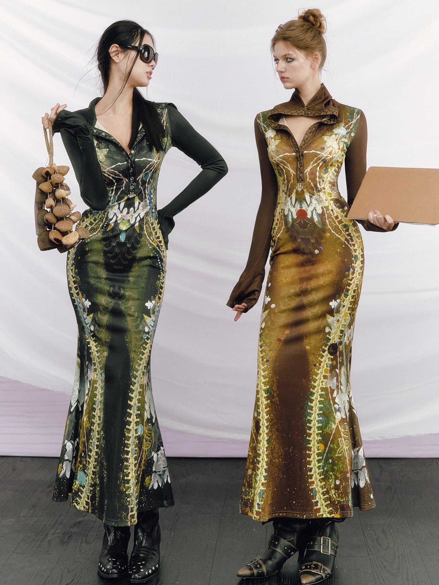 OfAkiva High Waist Printed Long Sleeve High Neck Mermaid Hem Women Maxi Dresses
