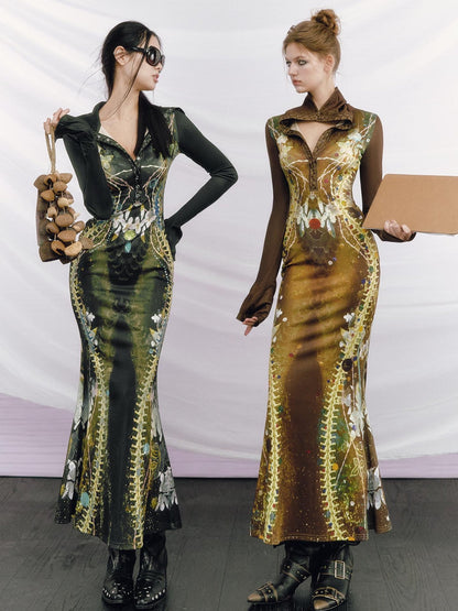 OfAkiva High Waist Printed Long Sleeve High Neck Mermaid Hem Women Maxi Dresses