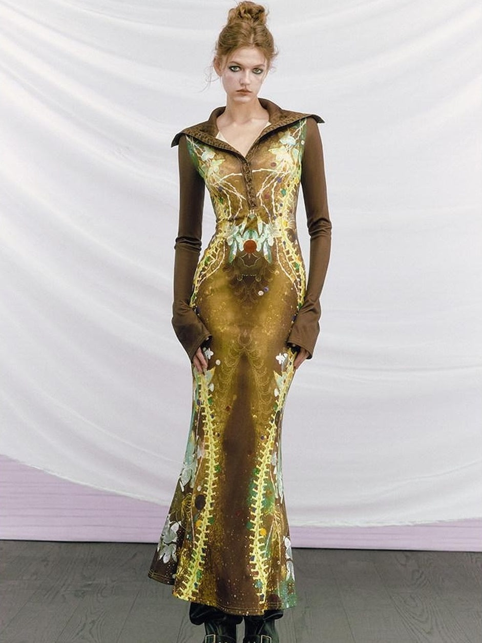 OfAkiva High Waist Printed Long Sleeve High Neck Mermaid Hem Women Maxi Dresses
