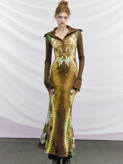 OfAkiva High Waist Printed Long Sleeve High Neck Mermaid Hem Women Maxi Dresses