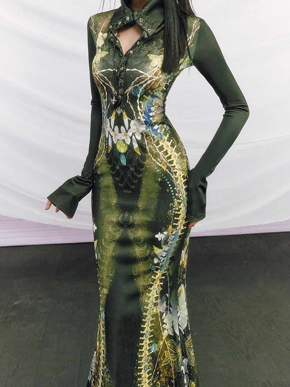 OfAkiva High Waist Printed Long Sleeve High Neck Mermaid Hem Women Maxi Dresses
