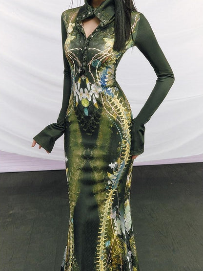 OfAkiva High Waist Printed Long Sleeve High Neck Mermaid Hem Women Maxi Dresses