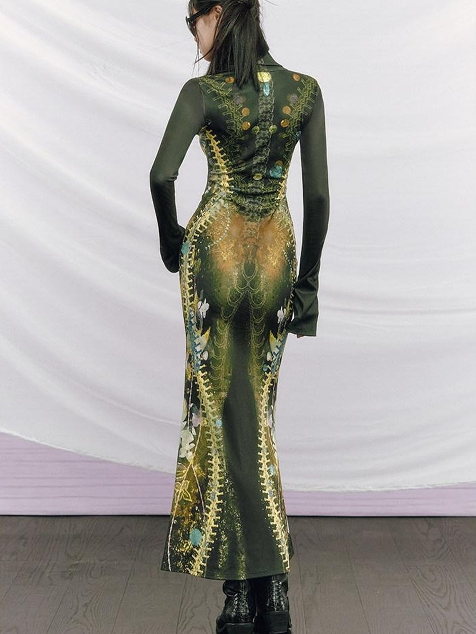OfAkiva High Waist Printed Long Sleeve High Neck Mermaid Hem Women Maxi Dresses