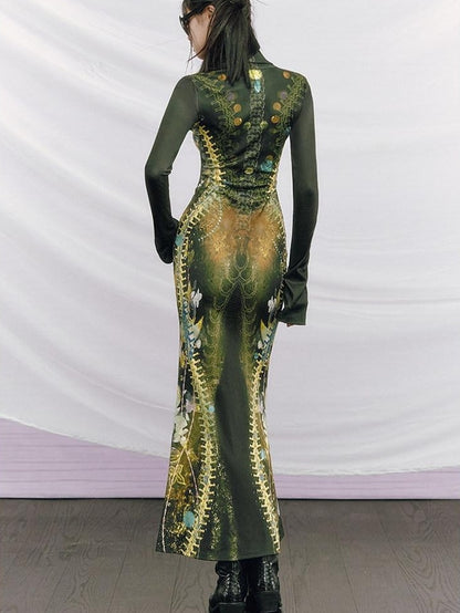 OfAkiva High Waist Printed Long Sleeve High Neck Mermaid Hem Women Maxi Dresses