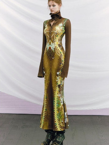 OfAkiva High Waist Printed Long Sleeve High Neck Mermaid Hem Women Maxi Dresses