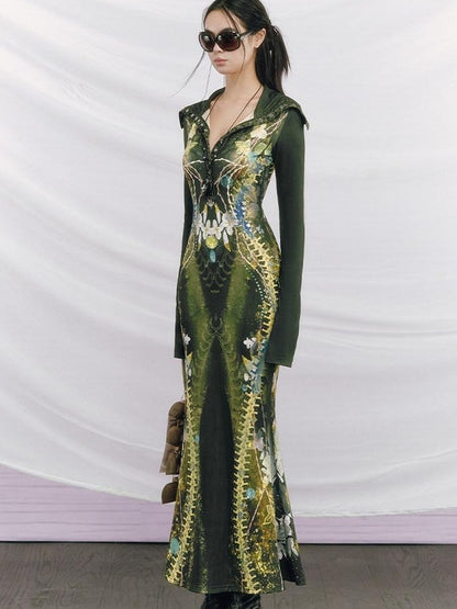 OfAkiva High Waist Printed Long Sleeve High Neck Mermaid Hem Women Maxi Dresses