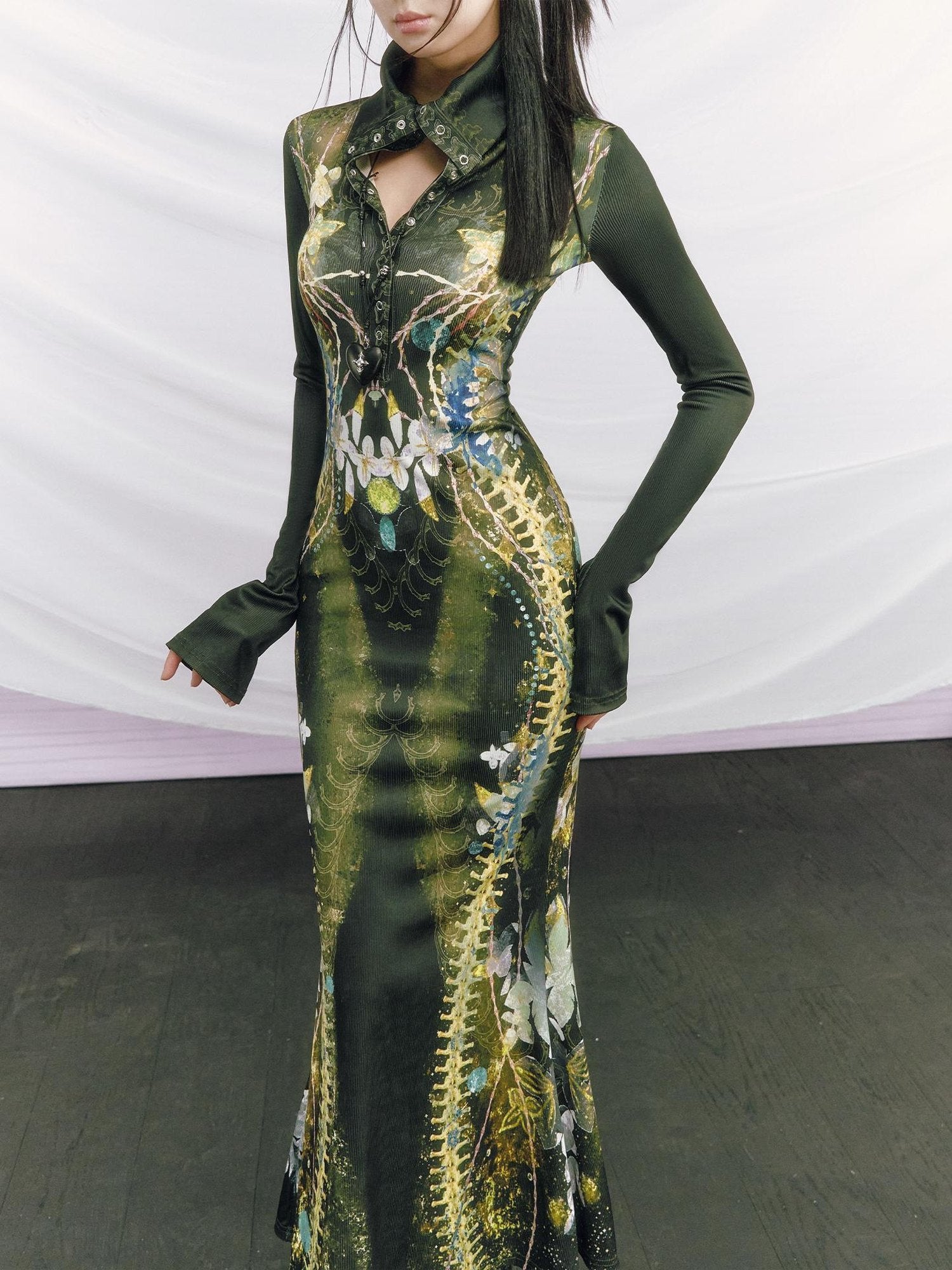 OfAkiva High Waist Printed Long Sleeve High Neck Mermaid Hem Women Maxi Dresses