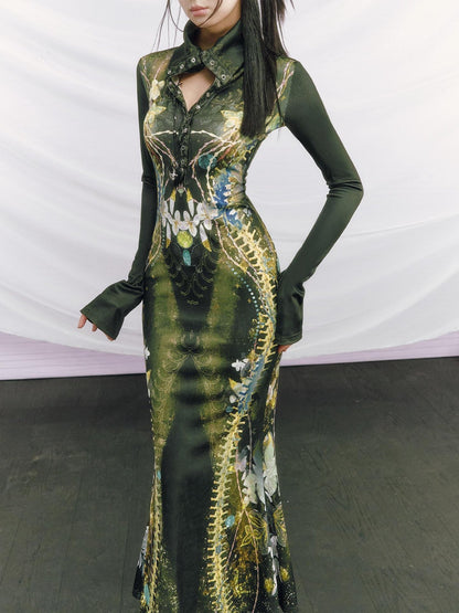 OfAkiva High Waist Printed Long Sleeve High Neck Mermaid Hem Women Maxi Dresses