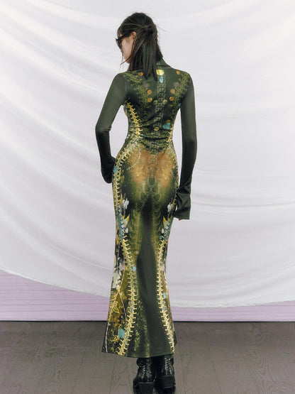 OfAkiva High Waist Printed Long Sleeve High Neck Mermaid Hem Women Maxi Dresses