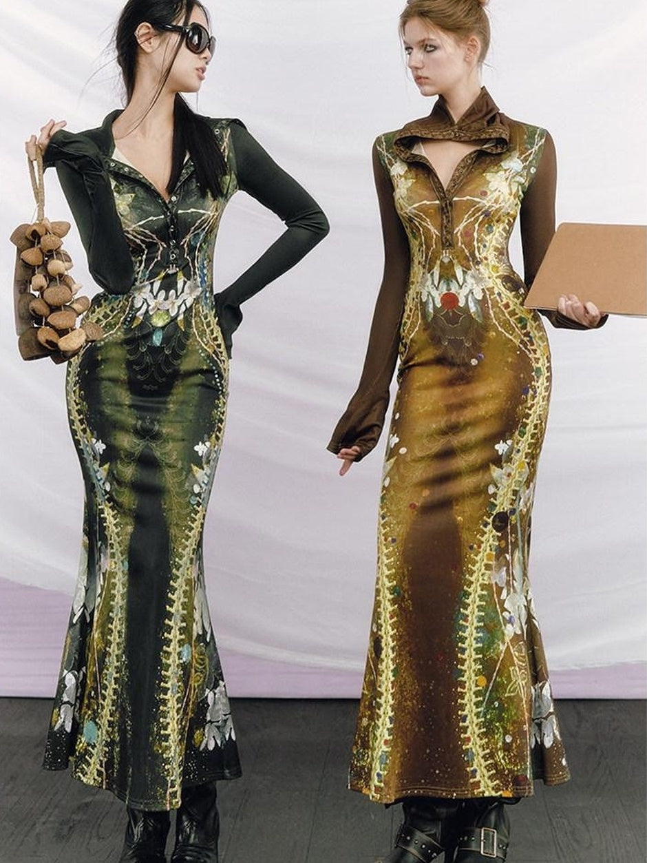 OfAkiva High Waist Printed Long Sleeve High Neck Mermaid Hem Women Maxi Dresses