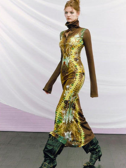 OfAkiva High Waist Printed Long Sleeve High Neck Mermaid Hem Women Maxi Dresses