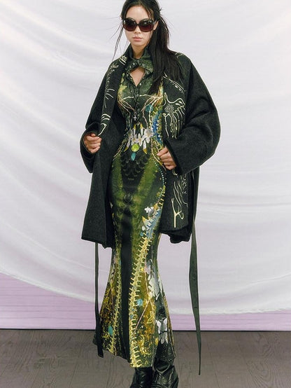 OfAkiva High Waist Printed Long Sleeve High Neck Mermaid Hem Women Maxi Dresses