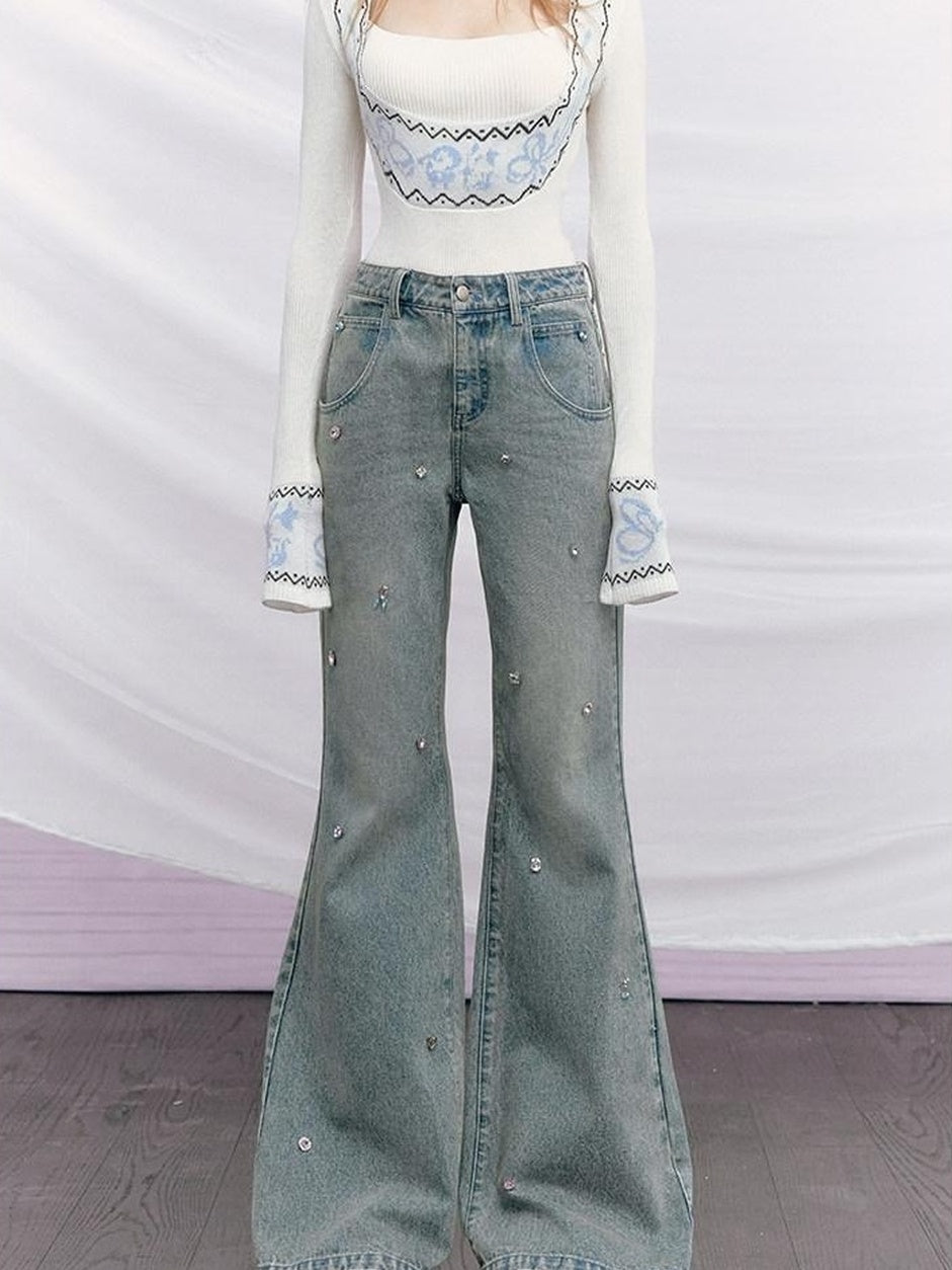 OfAkiva High Waist Vintage Distressed Beaded Micro Flare Women Stretch Jeans