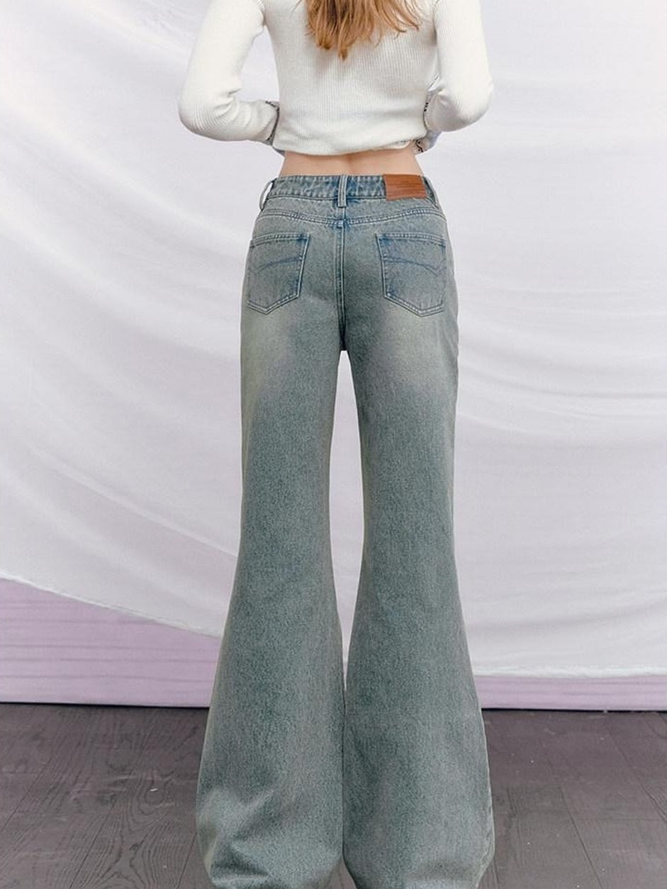 OfAkiva High Waist Vintage Distressed Beaded Micro Flare Women Stretch Jeans