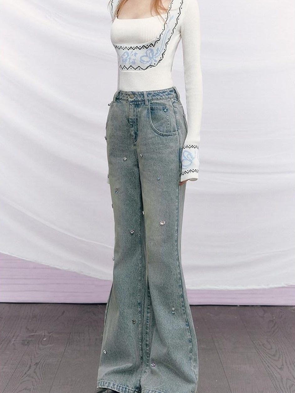 OfAkiva High Waist Vintage Distressed Beaded Micro Flare Women Stretch Jeans