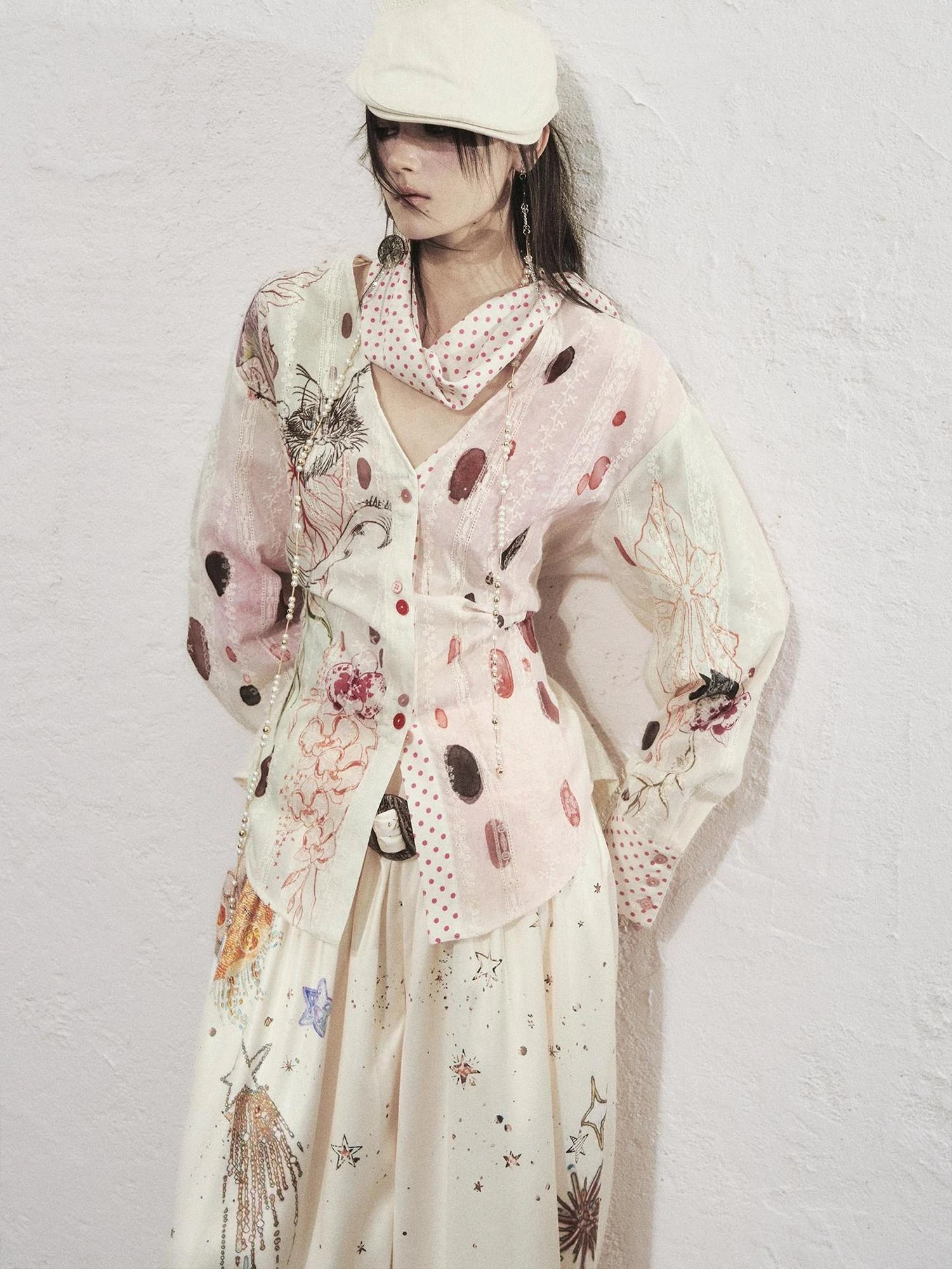 OfAkiva Horus Watercolor Cat Print Blouse With Bow Tie