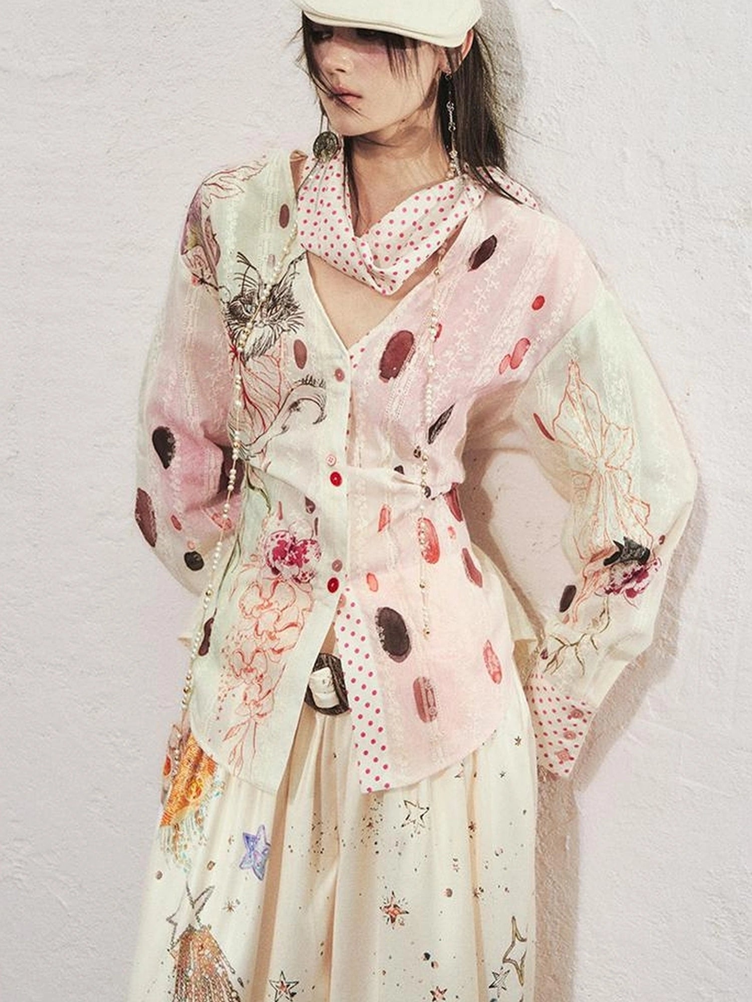 OfAkiva Horus Watercolor Cat Print Blouse With Bow Tie