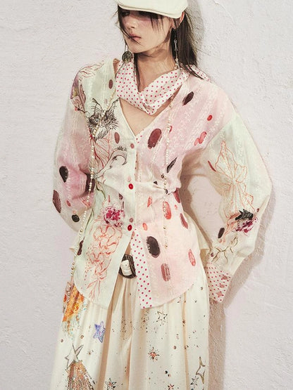 OfAkiva Horus Watercolor Cat Print Blouse With Bow Tie