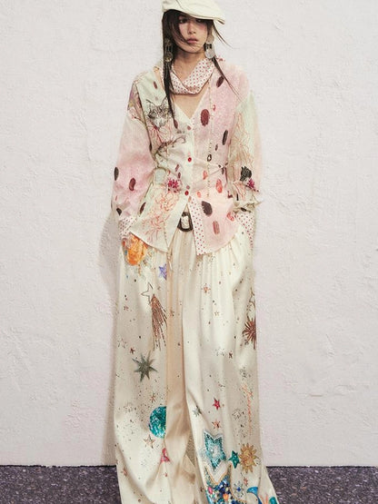 OfAkiva Horus Watercolor Cat Print Blouse With Bow Tie