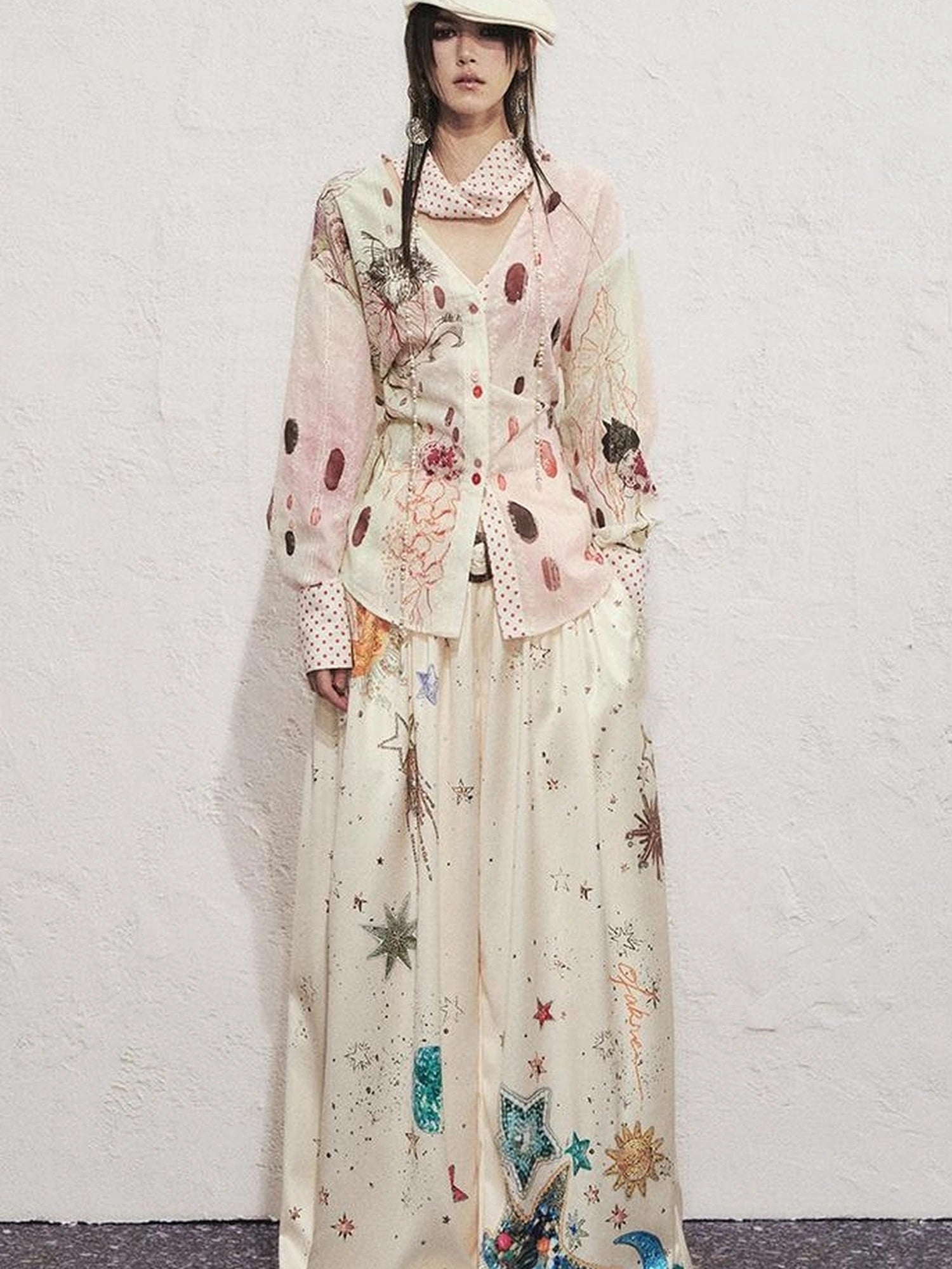 OfAkiva Horus Watercolor Cat Print Blouse With Bow Tie