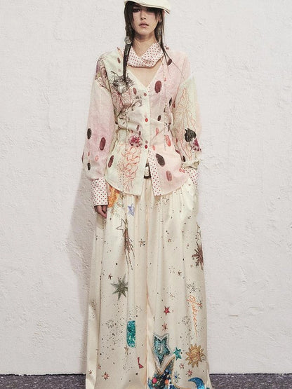 OfAkiva Horus Watercolor Cat Print Blouse With Bow Tie