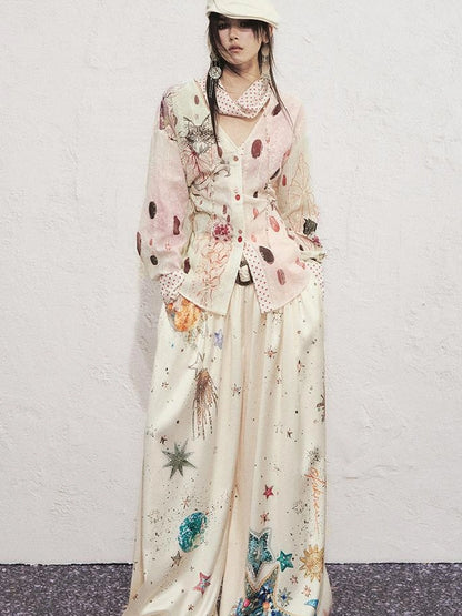 OfAkiva Horus Watercolor Cat Print Blouse With Bow Tie