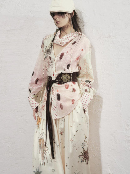 OfAkiva Horus Watercolor Cat Print Blouse With Bow Tie