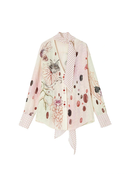 OfAkiva Horus Watercolor Cat Print Blouse With Bow Tie